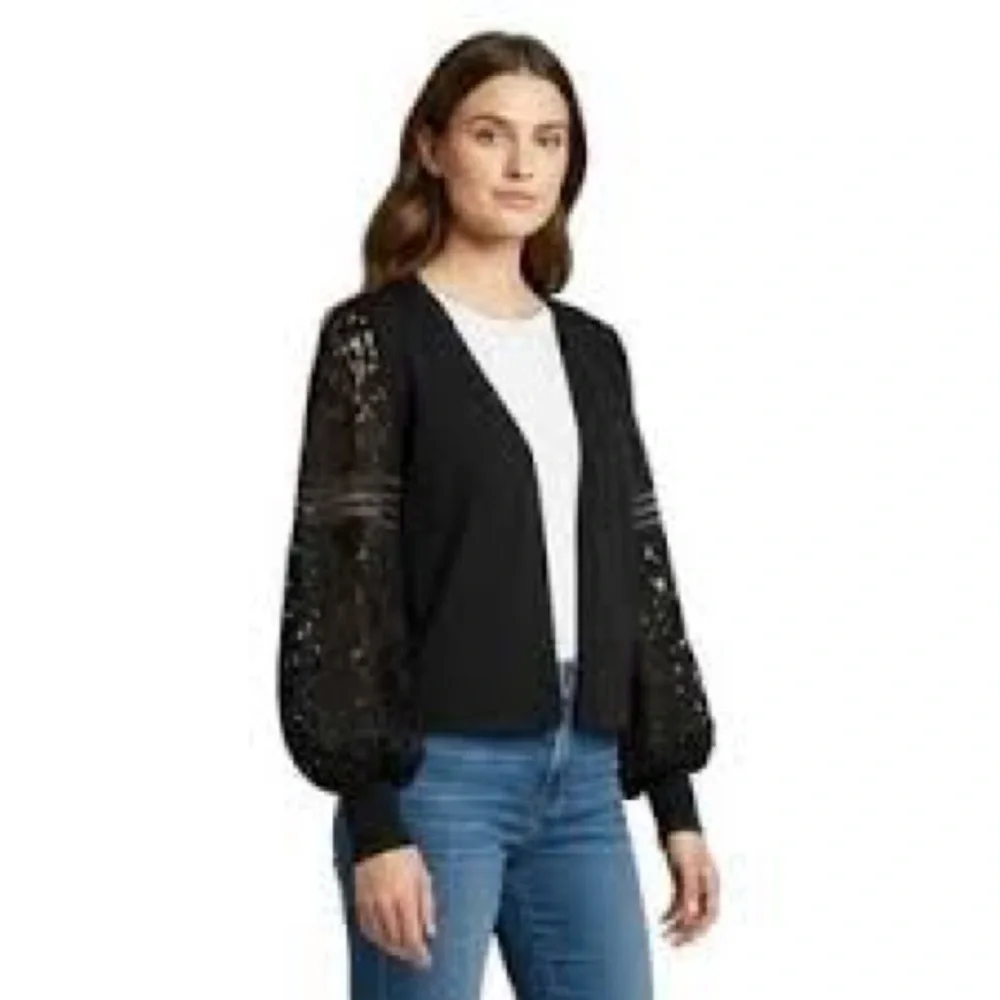 Sioni Women's Open Front Cardigan with Crochet/Sheer Puff Long Sleeves Size XL - Picture 2 of 16